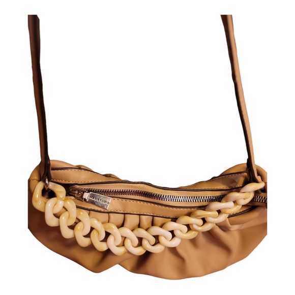 Max Studio purse beige natural chainlink tortoise shell handle leather pleated - Picture 3 of 7